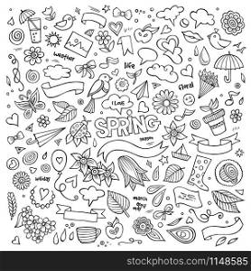 Nature spring hand drawn vector symbols and objects. Design set. Nature spring hand drawn vector symbols and objects
