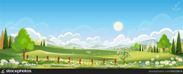 Nature Spring Rural farm landscape with Green Field with Cloud, Blue Sky,Vector horizon Natural rural Countryside with forest tree,Mountains in Sunny day,Cartoon Vector for Easter,Spring,Summer banner