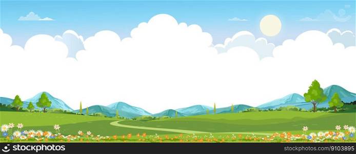 Nature Spring Rural landscape,Green Field with Cloud and Blue Sky,Vector horizon panoramic Natural Countryside with forest tree and Mountains in Sunny day,Cartoon Vector for Spring, Summer banner 