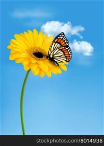 Nature summer yellow flower with butterfly. Vector illustration.