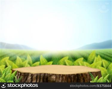 Nature tea garden background with leaves and cut tree trunk in 3d illustration. Nature cut tree trunk background