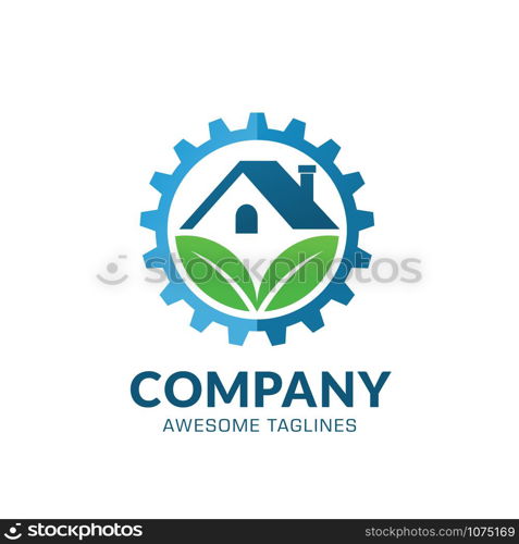 nature Tech House Logo Template Design, Gear Home and leaf Logo Template Design Vector