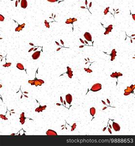 Nature terrazzo mosaic and floral background greenery seamless pattern in hand drawn style. Vector red, orange flowers with jungle tropical leaf. Botanical hipster, rustic print on chaotic stain, tile surface.