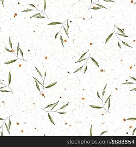 Nature terrazzo mosaic and floral background greenery seamless pattern in hand drawn style. Vector foliage with jungle tropical leaf. Botanical hipster, rustic print on chaotic stain, tile surface.