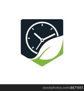 Nature time vector logo design. Vector clock and leaf logo combination.	