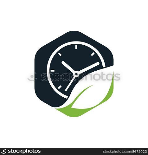 Nature time vector logo design. Vector clock and leaf logo combination. 