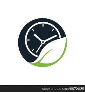 Nature time vector logo design. Vector clock and leaf logo combination.	