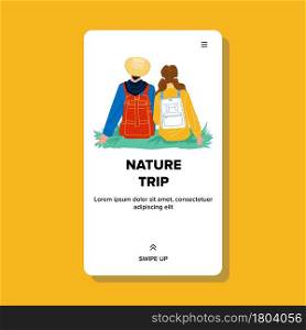 Nature Trip Enjoying Man And Woman Couple Vector. Young Boy And Girl Sitting On Green Grass And Enjoy Nature Trip Together. Characters Outdoor Relaxation Web Flat Cartoon Illustration. Nature Trip Enjoying Man And Woman Couple Vector