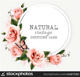 Nature vintage greeting card with beauty flowers and butterfly. Vector.