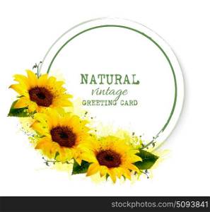 Nature vintage greeting card with yellow sunflowers. Vector.
