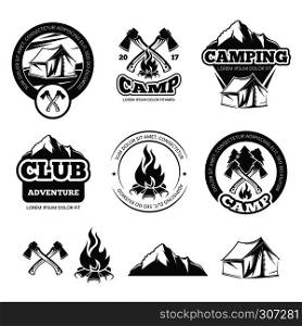 Nature vintage labels set for scout camp. Camping badges with tourist tent. Adventure vector illustrations. Camping and club adventure emblems. Nature vintage labels set for scout camp. Camping badges with tourist tent. Adventure vector illustrations