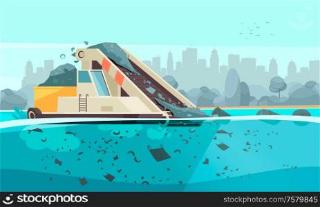 Nature water pollution composition with silhouette cityscape background and conveyor machine spilling waste particles into water vector illustration