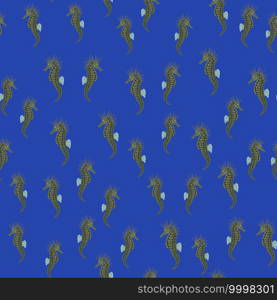 Nature wild seamless pattern with aquatic little seahorse ornament. Bright blue background. Random print. Perfect for fabric design, textile print, wrapping, cover. Vector illustration.. Nature wild seamless pattern with aquatic little seahorse ornament. Bright blue background. Random print.