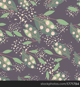 Nature wild seamless pattern with green leaves and rowan berries elements. Purple background with splashes. Designed for fabric design, textile print, wrapping, cover. Vector illustration.. Nature wild seamless pattern with green leaves and rowan berries elements. Purple background with splashes.