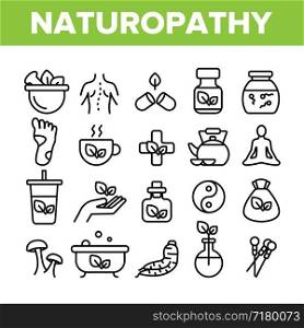Naturopathy Therapy Vector Thin Line Icons Set. Naturopathy, Homeopathic Medication Linear Pictograms. Natural Ingredients, Feet Massage, Yoga, Acupuncture, Alternative Medicine Contour Illustrations. Naturopathy Therapy Vector Thin Line Icons Set