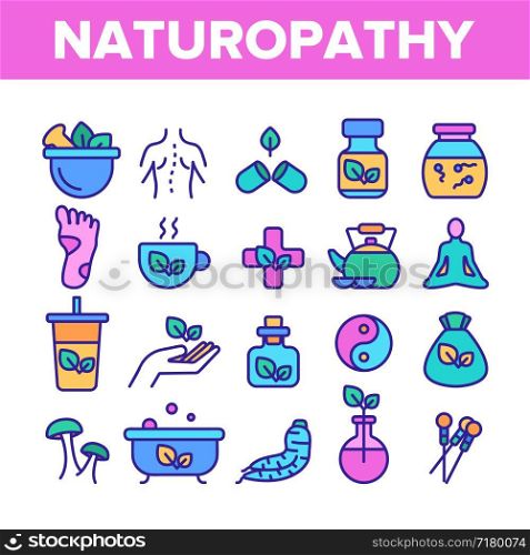 Naturopathy Therapy Vector Thin Line Icons Set. Naturopathy, Homeopathic Medication Linear Pictograms. Natural Ingredients, Feet Massage, Yoga, Acupuncture, Alternative Medicine Contour Illustrations. Naturopathy Therapy Vector Color Line Icons Set