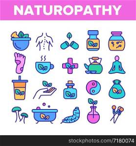 Naturopathy Therapy Vector Thin Line Icons Set. Naturopathy, Homeopathic Medication Linear Pictograms. Natural Ingredients, Feet Massage, Yoga, Acupuncture, Alternative Medicine Contour Illustrations. Naturopathy Therapy Vector Color Line Icons Set