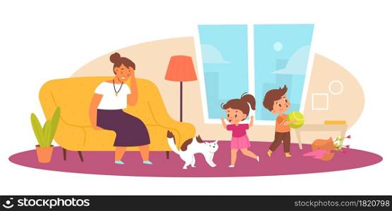 Naughty children in living room. Tired mother, hyperactive kids, stressed parent and little crushers, chaos and mess indoor, family communicate. Motherhood and childhood vector cartoon flat concept. Naughty children in living room. Tired mother, hyperactive kids, stressed parent and little crushers, chaos and mess indoor, family communicate. Motherhood and childhood vector concept