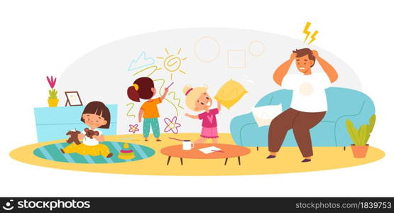 Naughty children with dad. Hyperactive kids make mess in living room, disgruntled father sitting on couch, chaos in living room interior, family relations and communications. Vector cartoon concept. Naughty children with dad. Hyperactive kids make mess in living room, disgruntled father sitting on couch, chaos in living room interior, family relations and communications. Vector concept