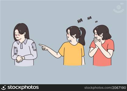 Naughty girls laugh at poor mate. Children offending bullying needy low-income classmate point with finger. School discrimination. Cruel rude kids behavior and aggression. Vector illustration. . Small girls laugh at needy poor classmate