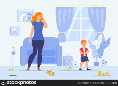 Naughty Kid, Child Discipline Difficulties, Parents Relationship with Child Concept. Tired Mother Standing in Messy Living Room, Parent Suffering from Son Bad Behavior Trendy Flat Vector Illustration
