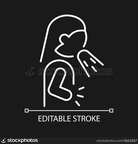 Nausea and vomiting white linear icon for dark theme. Panic attack symptom. Retching due to anxiety. Thin line customizable illustration. Isolated vector contour symbol for night mode. Editable stroke. Nausea and vomiting white linear icon for dark theme