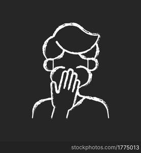 Nausea chalk white icon on dark background. Sick person covering mouth. Ill man with stomachache ready to throw up. Heat exhaustion symptom. Isolated vector chalkboard illustration on black. Nausea chalk white icon on dark background