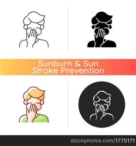 Nausea icon. Sick person covering mouth. Ill man with stomachache ready to throw up. Food poisoning. Heat exhaustion symptom. Linear black and RGB color styles. Isolated vector illustrations. Nausea icon