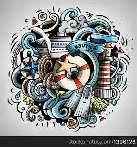 Nautical 3d cartoon vector doodle illustration. Colorful detailed design with lot of objects and symbols. All elements separate. Nautical cartoon vector doodle illustration