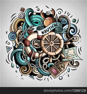 Nautical 3d cartoon vector doodle illustration. Colorful detailed design with lot of objects and symbols. All elements separate. Nautical cartoon vector doodle illustration