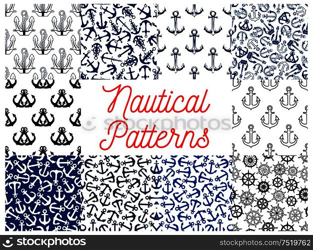 Nautical anchor and steering wheel patterns. Wallpaper with vector icons and symbols of anchor on chain, ship steering wheel. Nautical anchor and steering wheel patterns