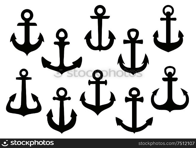 Nautical anchors black icons with heavy curved flukes isolated on white background, for tattoo or heraldry themes design. Heraldic black nautical anchor icons set