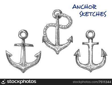Nautical anchors in sketch style of famous fisherman anchors with short central shanks, rings, rope, curved arms with pointed flukes. Great for heraldic marine emblem, travel or vacation design. Sketches of old ship anchors with rope