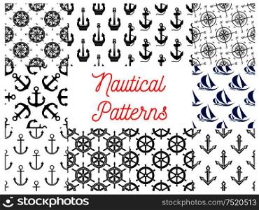 Nautical and marine concept patterns set. Vector pattern of anchor on chain, vessel ship steering wheel, compass arrows, yacht silhouette. Nautical and marine concept patterns