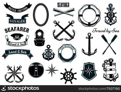 Nautical and marine design elements for heraldry with anchors, helm, compass, lighthouse, spyglass, lifebuoy, paddles, diving helmet, captain cap, shield and rope frames, ribbon banners. Nautical and marine heraldic elements