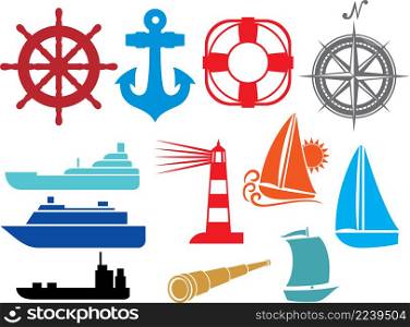 Nautical and marine icons (boat, ship, stylized yacht, lifesaver, anchor, sailboat, lighthouse, compass, spyglass)
