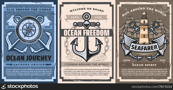 Nautical and marine vintage posters with anchor and ocean waves, frigate boat with sails, lighthouse and chains, seafaring navigation compass with wind rose. Marine travel and adventure vector. Ship anchor, compass and lighthouse