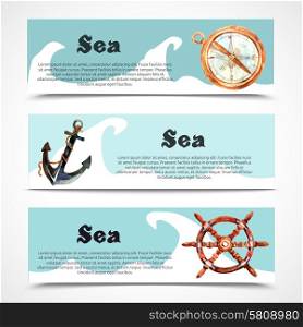 Nautical and sea horizontal banner set with watercolor compass anchor and wheel isolated vector illustration. Nautical Banner Set