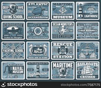 Nautical and sea travel vector design. Anchors, helms and ropes, sail boat compass, chain and sailor knot, lighthouse, yacht captain cap and vessel bell, diving helmets, marine animals, lifebuoy. Nautical anchors, sea ship helm, rope and compass