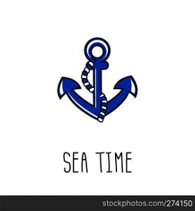 Nautical background with blue anchor in doodle style. Vector illustration can be used for tag, poster, card, invitation. Nautical background with anchor on white background
