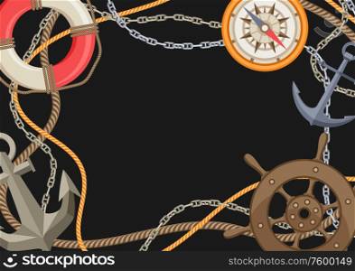 Nautical background with sailing items, ropes and chains. Marine decorative card.. Nautical background with sailing items, ropes and chains.