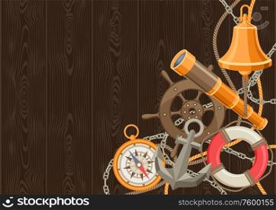 Nautical background with sailing items, ropes and chains. Marine decorative card.. Nautical background with sailing items, ropes and chains.