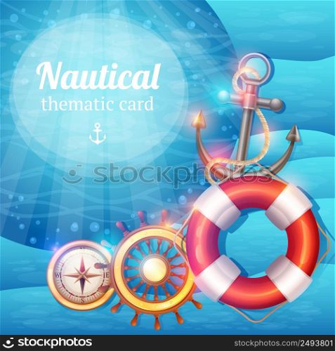 Nautical background with sailing travel marine discovery sea adventures symbols vector illustration