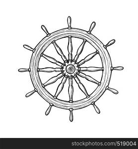Nautical black helm. Ship steering wheel ink pen sketch on isolated background with engraved elements. Hand drawn illustration. Yacht hand wheel. Rudder. For prints, web, decoration. Age of sails.. Nautical black helm. Ship steering wheel ink pen sketch on isolated background with engraved elements. Hand drawn illustration.