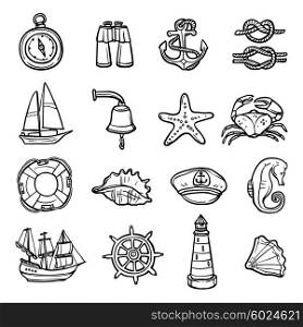 Nautical Black White Icons Set . Nautical black white icons set with anchor compass and seashells flat isolated vector illustration