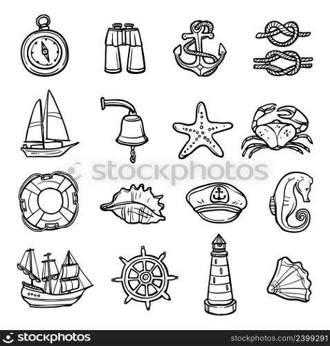 Nautical black white icons set with anchor compass and seashells flat isolated vector illustration . Nautical Black White Icons Set