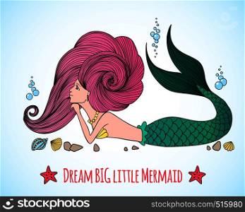 Nautical card with cute Mermaid from undersea world. Vector illustration.. Nautical card with cute Mermaid undersea world.