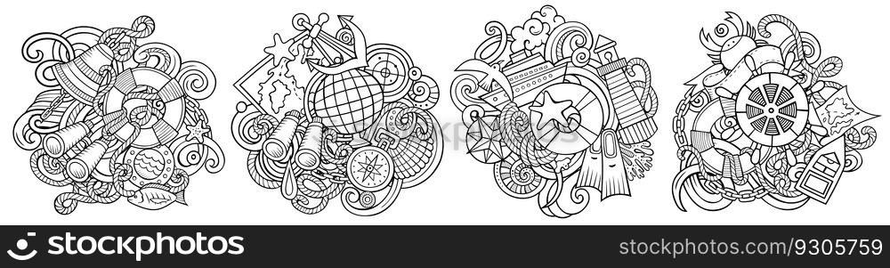 Nautical cartoon vector doodle designs set. Sketchy detailed compositions with lot of maritime objects and symbols. Isolated on white illustrations. Nautical cartoon vector doodle designs set