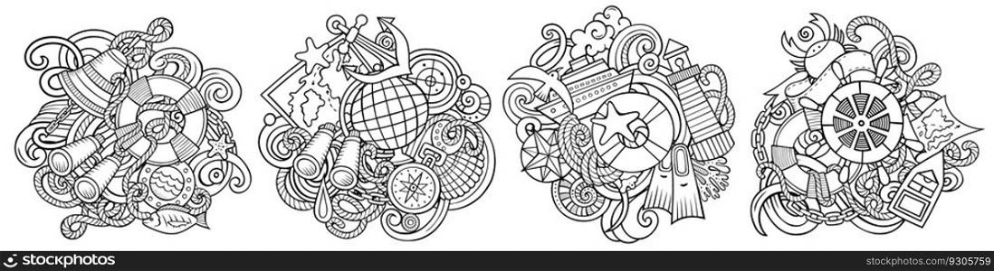Nautical cartoon vector doodle designs set. Sketchy detailed compositions with lot of maritime objects and symbols. Isolated on white illustrations. Nautical cartoon vector doodle designs set