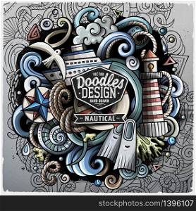 Nautical cartoon vector doodle illustration. Colorful detailed design with lot of objects and symbols. All elements separate. Nautical cartoon vector doodle illustration